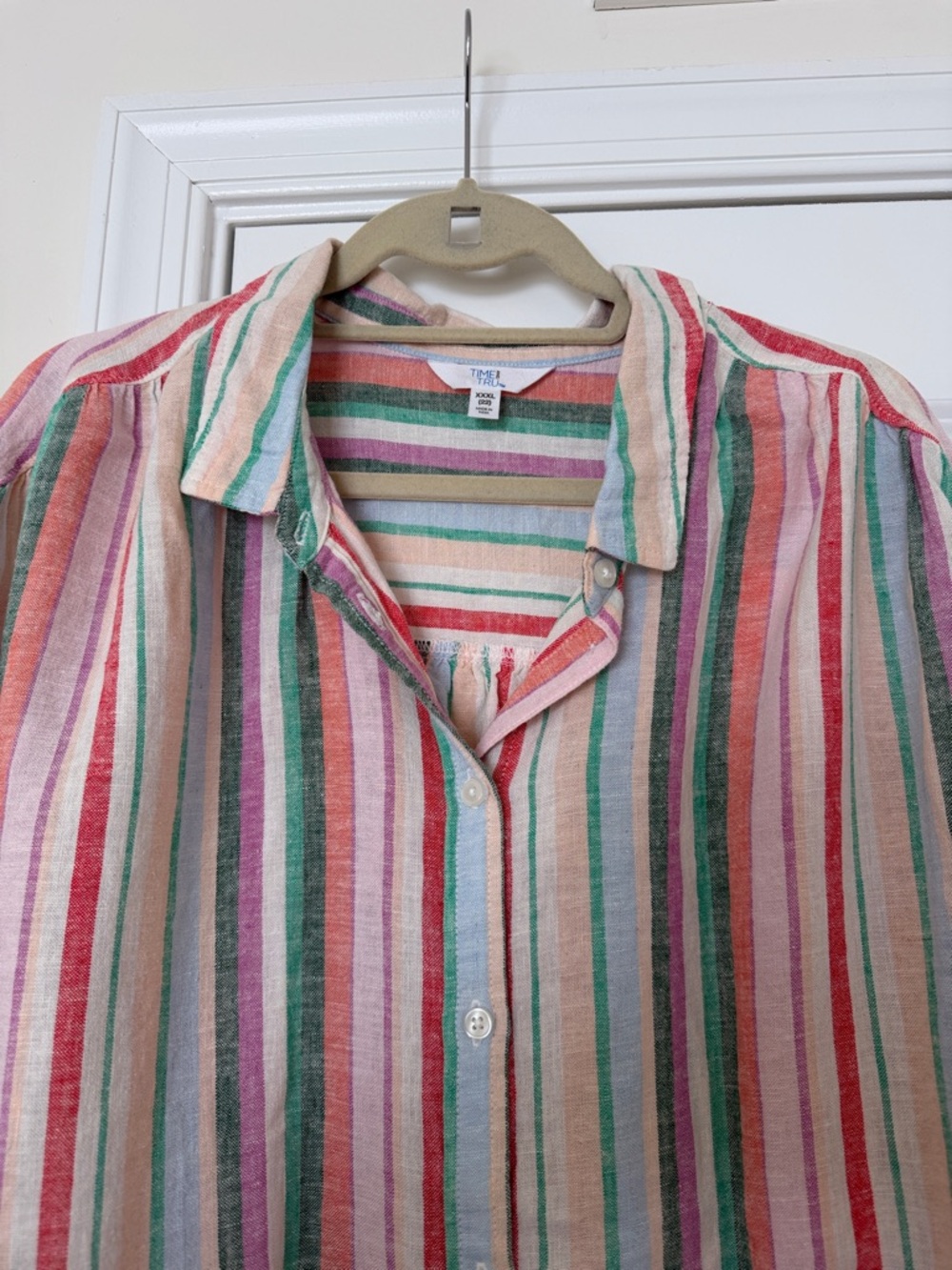 NWT Time & Tru Striped Button-Up Shirt in Pink, Green & Coral - Picture 3 of 4
